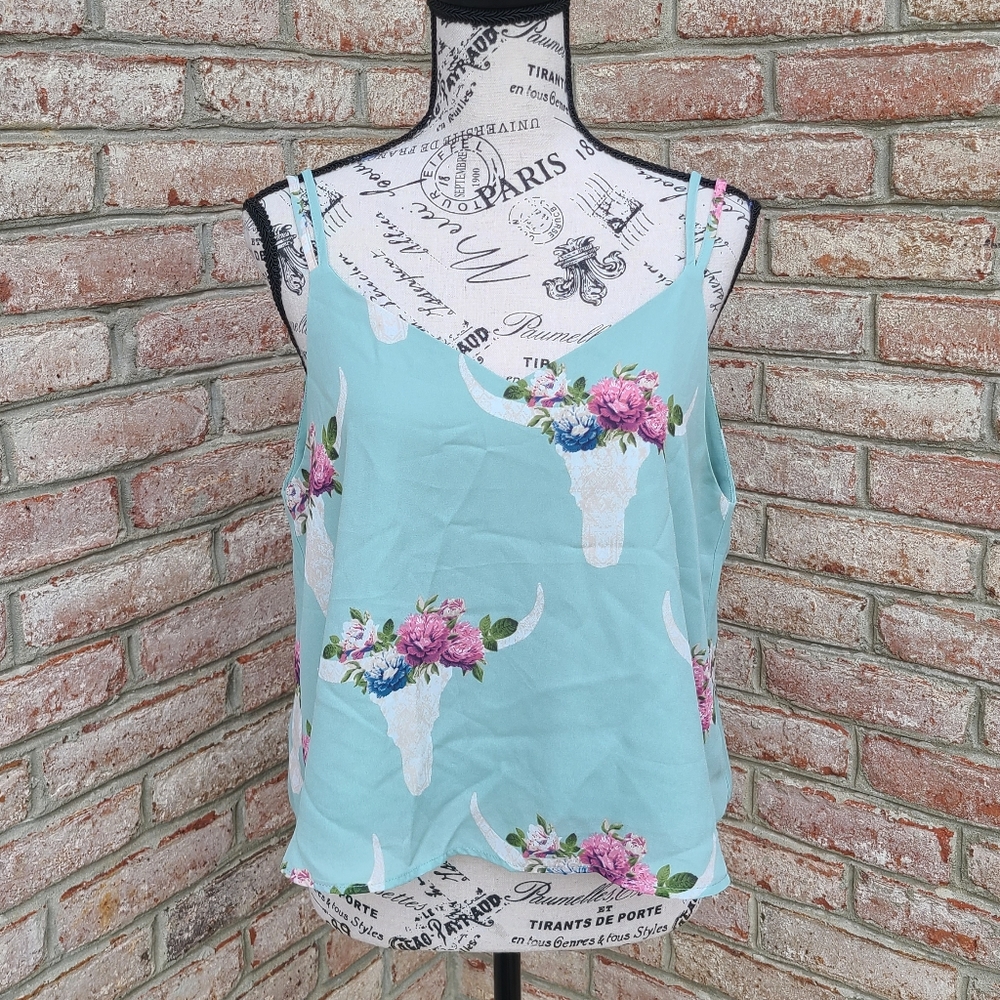 Altar'd State Floral Bull Skull Crop Top - Aqua and Pink